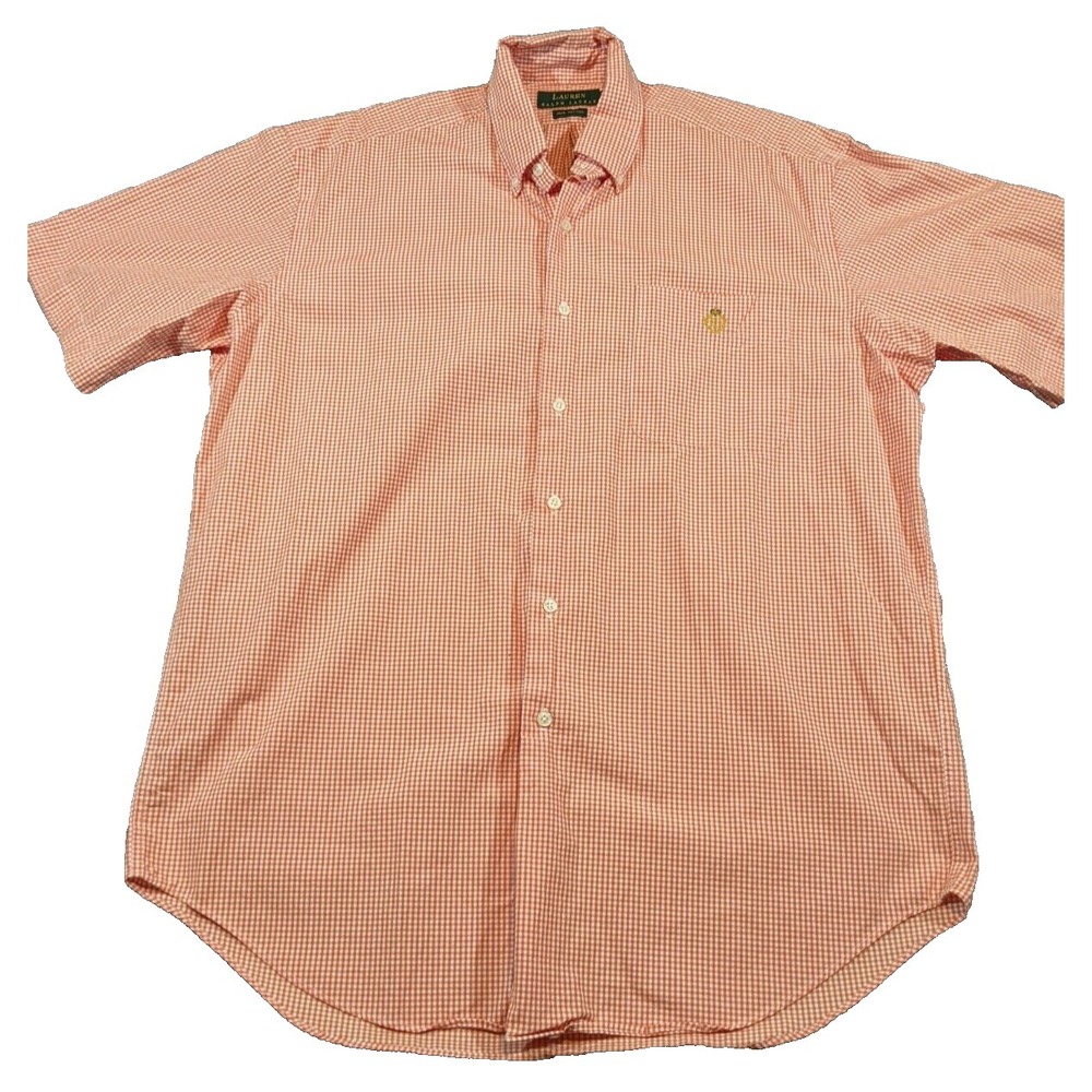 Lauren By Ralph Lauren Shirt Men's Medium Button Up Orange Check Short Sleeve